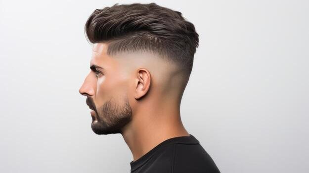 Modern pompadour with a clean fade, studio profile shot